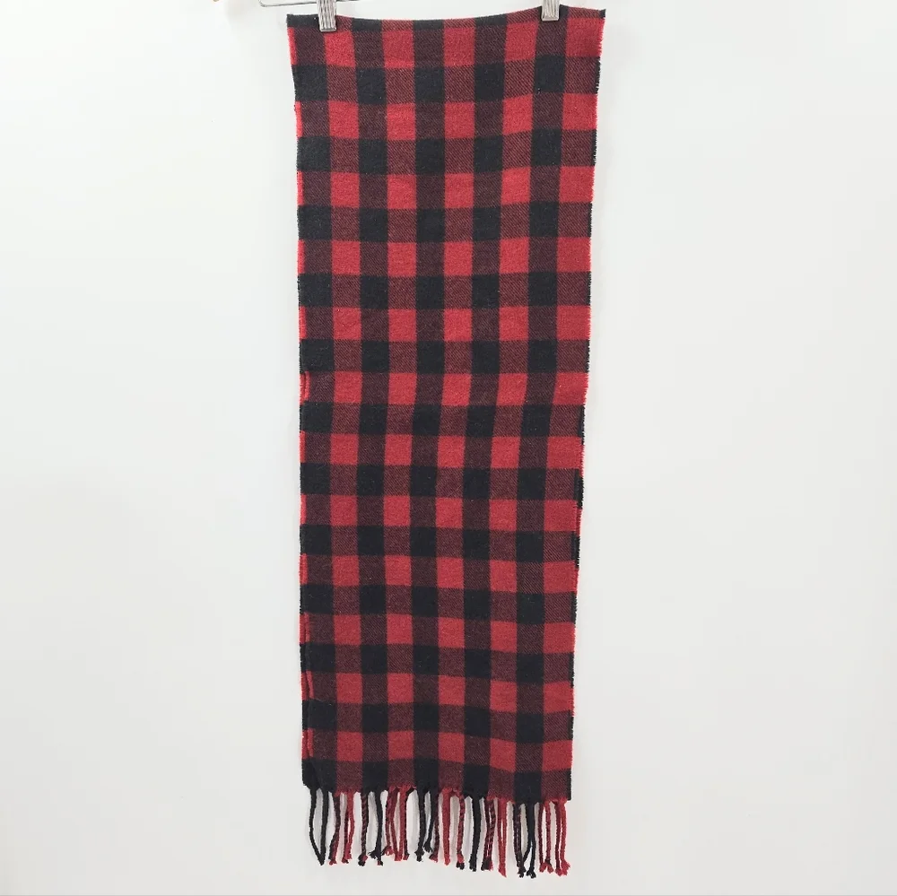 J.Crew Scarf Wool‎ Black Red Buffalo Plaid Rectangle Fringe